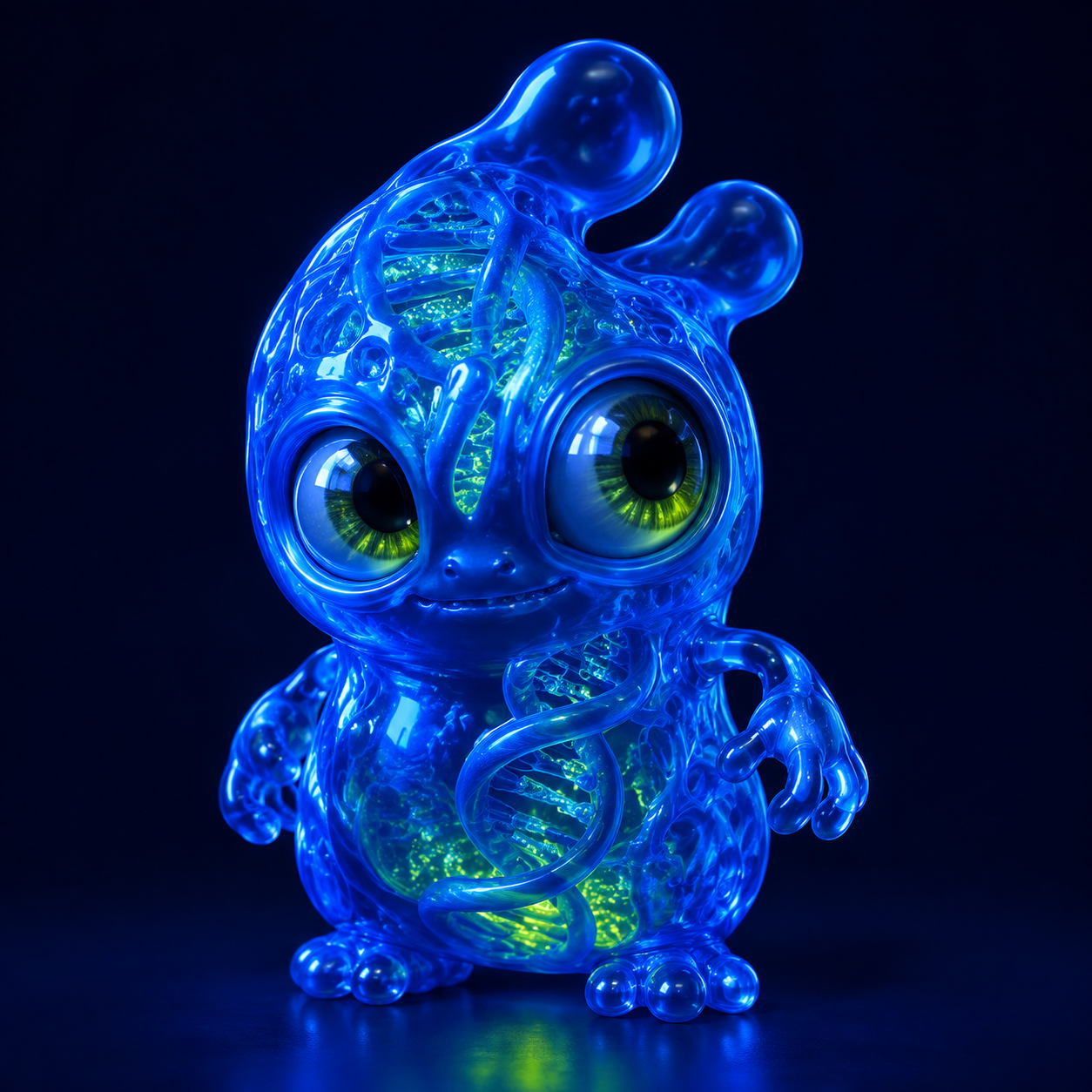 Cobalt blue Genesis creature with translucent sculptural skin and glowing DNA details