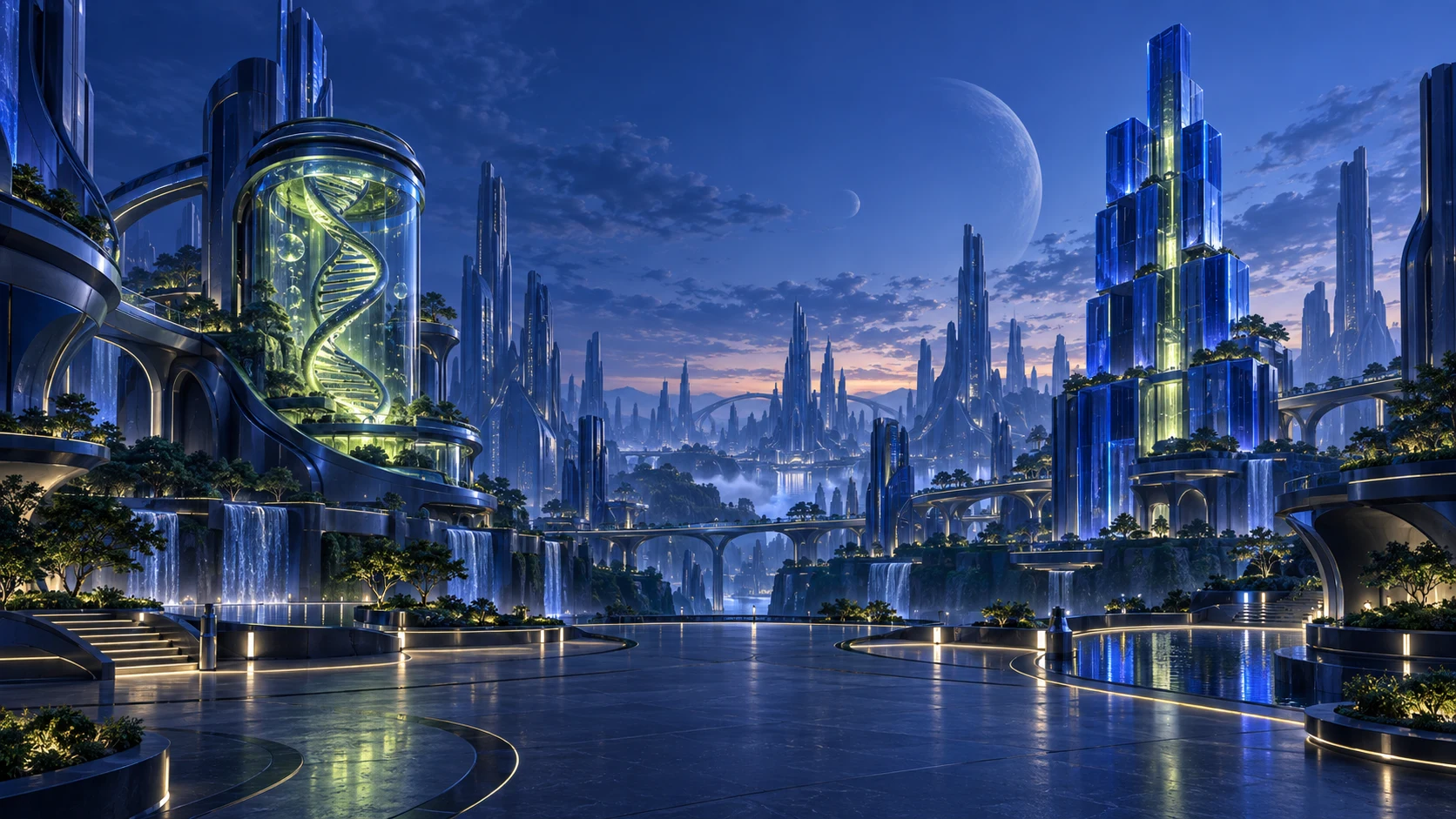 An imagined cobalt city with luminous laboratories, sky bridges and distant towers
